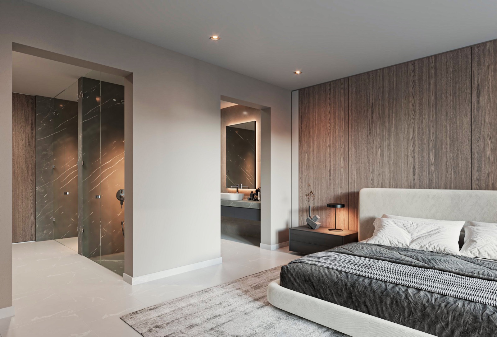 Primary suite at The Terraces Fort Lauderdale Beach — a walnut feature wall, dual vanities and a walk-through shower in honed stone, large-format porcelain floors, and oversized walk-in closets.