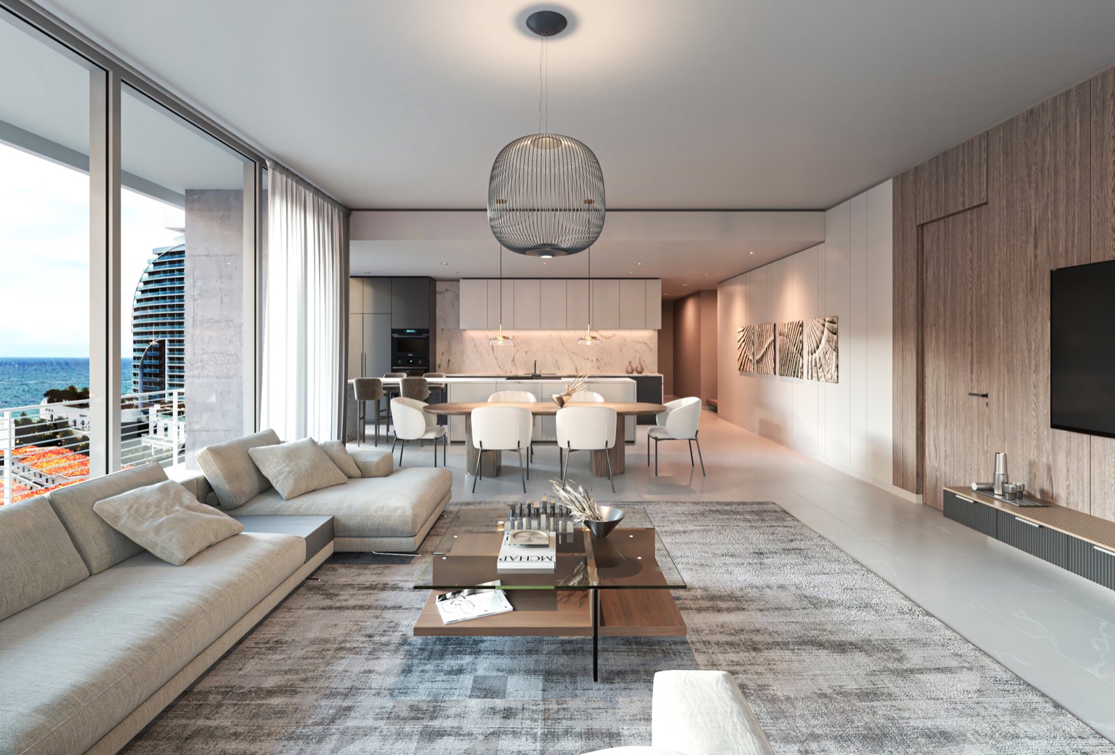 Great room at The Terraces Fort Lauderdale Beach — floor-to-ceiling impact glass framing ocean views, a warm wood feature wall, and an open kitchen with European quartz beyond. Wide-open corner layout with 10-foot ceilings.